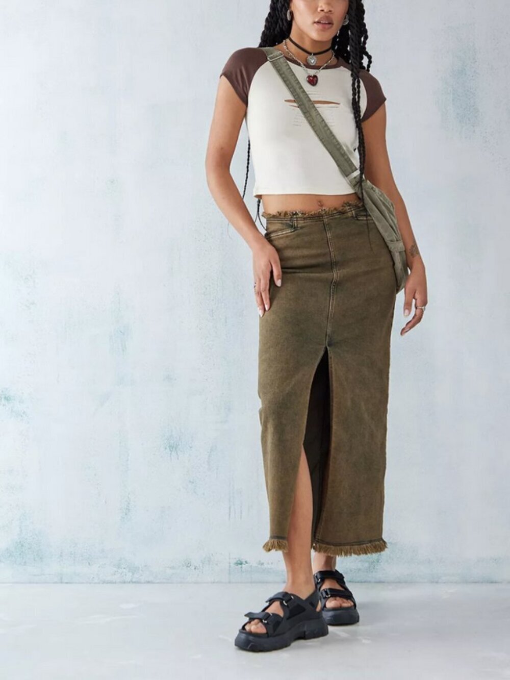 Basic Pleasure Mode by Urban Outfitters Nelly Brown Tint Denim Midi Skirt Size 6